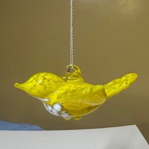 Bird Hanging Ornament yellow and white speckled glass handblown 4” long